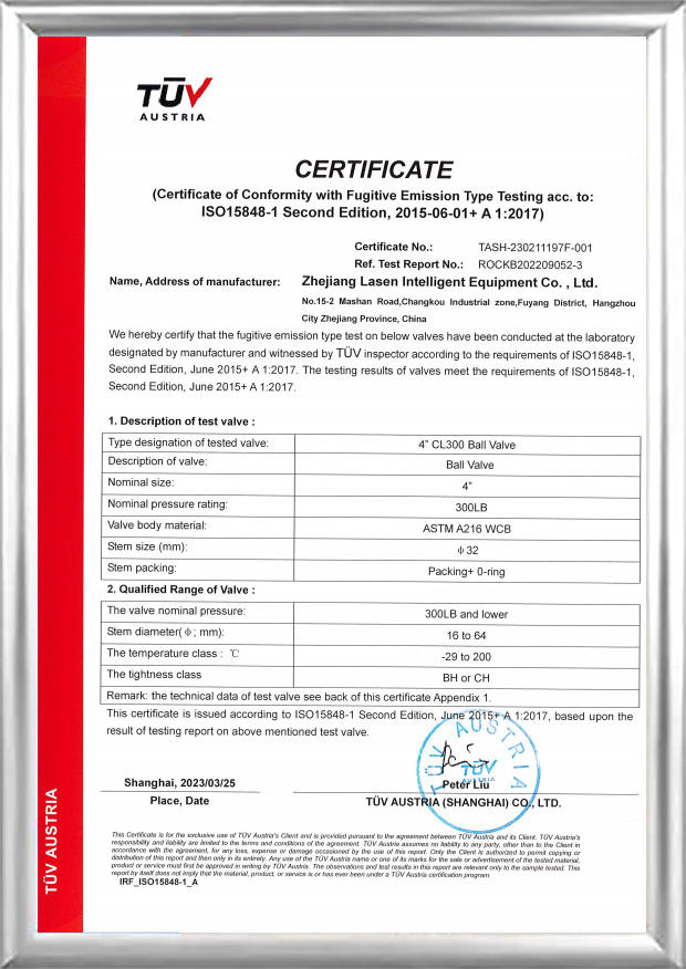 Certificado TUV ISO15848 (válvula de bola CL300 de 4